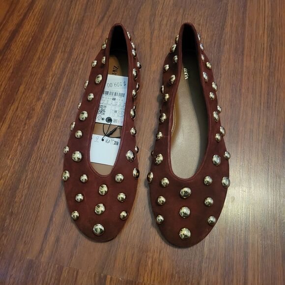 NWTs ZARA Studded Brown Leather Ballet Flats Size EUR 38 US 7.5 Classic - Picture 3 of 15